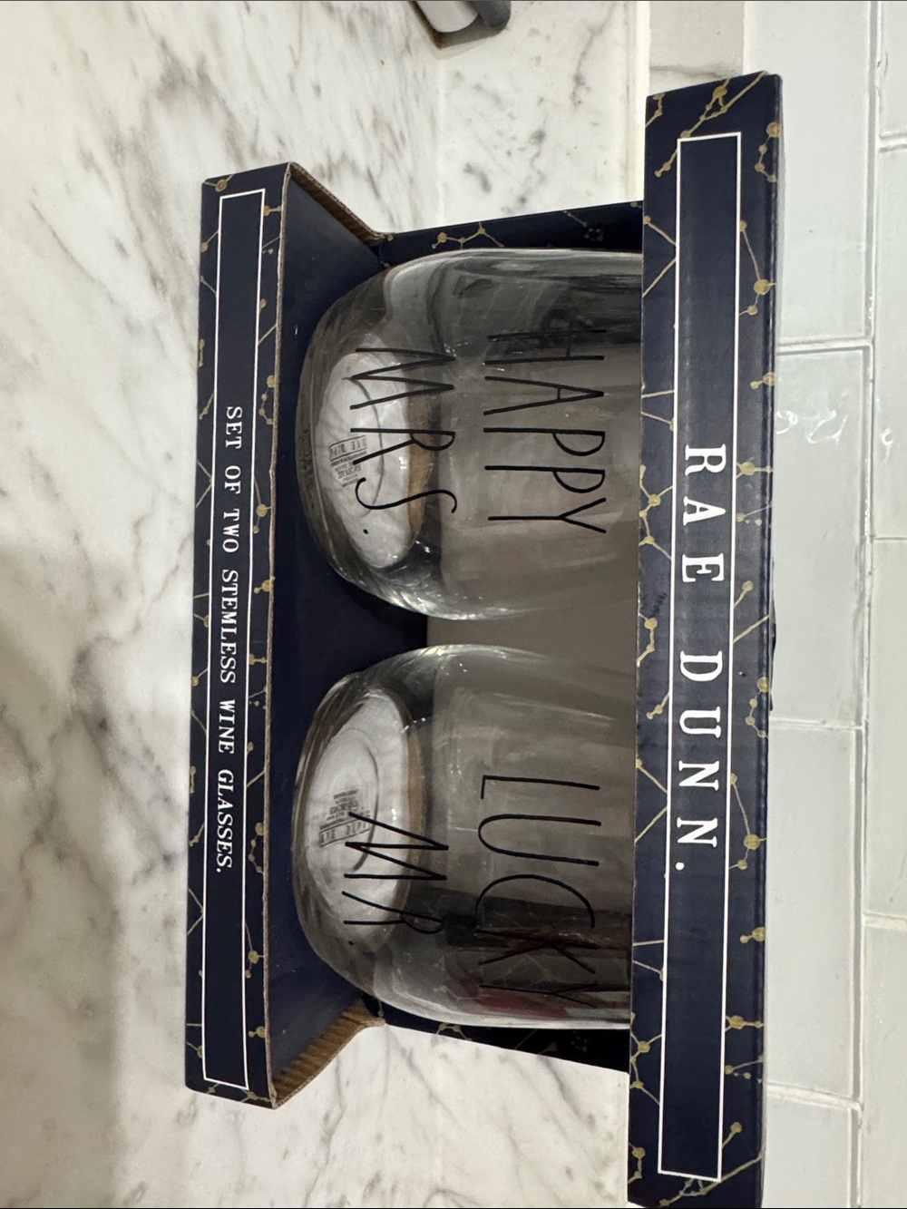 Rae Dunn Clear Stemless Wine Glasses with Black Script